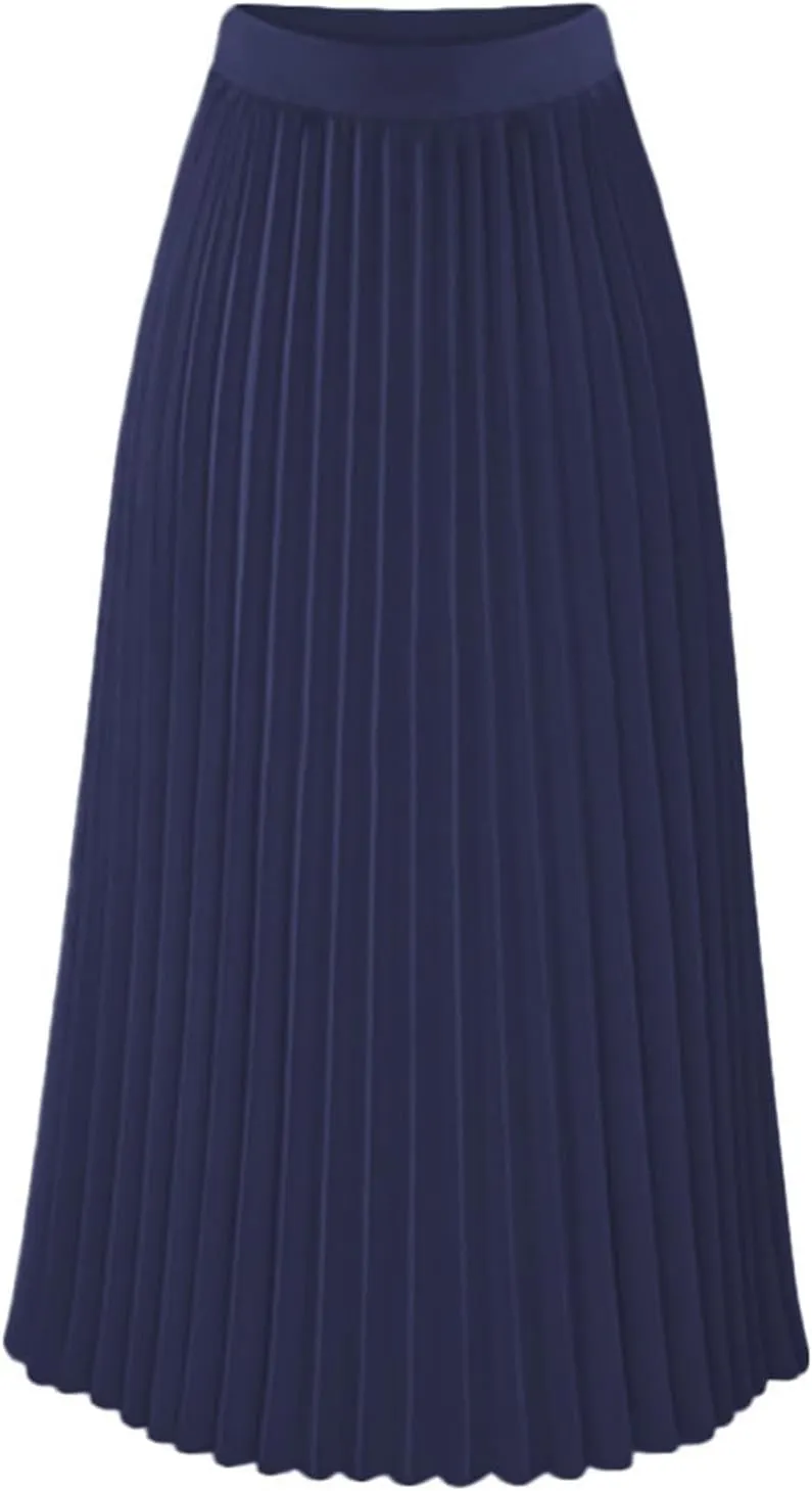 Pleated Midi Skirts for Women, High Waisted Chiffon Flare Casual Skirt Summer Long Skirts Flowy Shirring Skirts