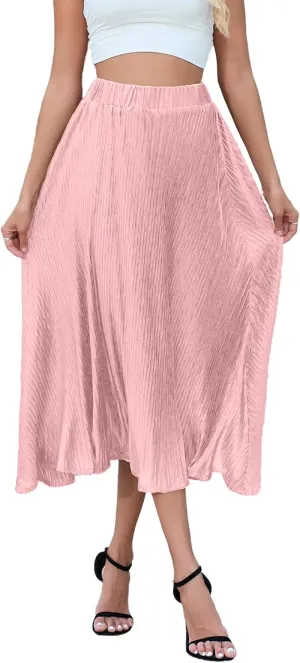 Pleated Skirt for Women Midi High Waisted A-Line Swing Skirt Wrinkle Resistant Lightweight for Casual Elegant Wear