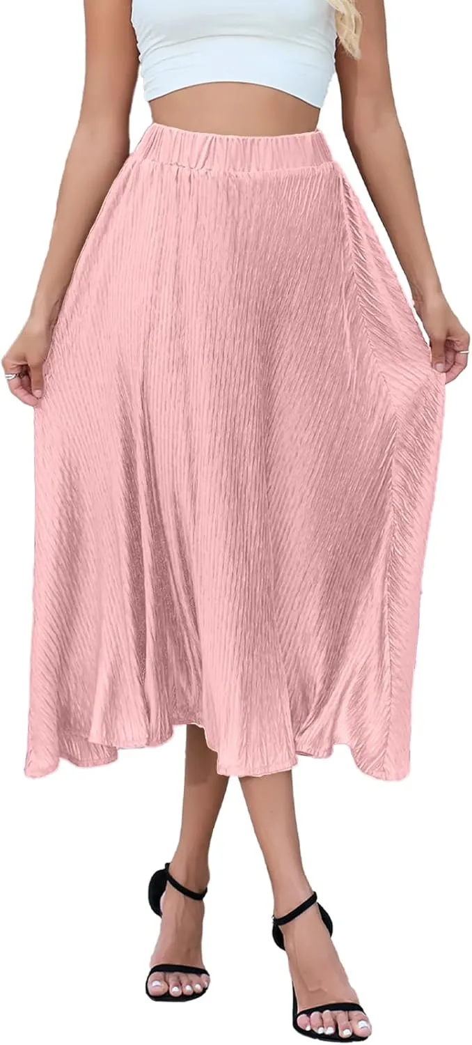 Pleated Skirt for Women Midi High Waisted A-Line Swing Skirt Wrinkle Resistant Lightweight for Casual Elegant Wear
