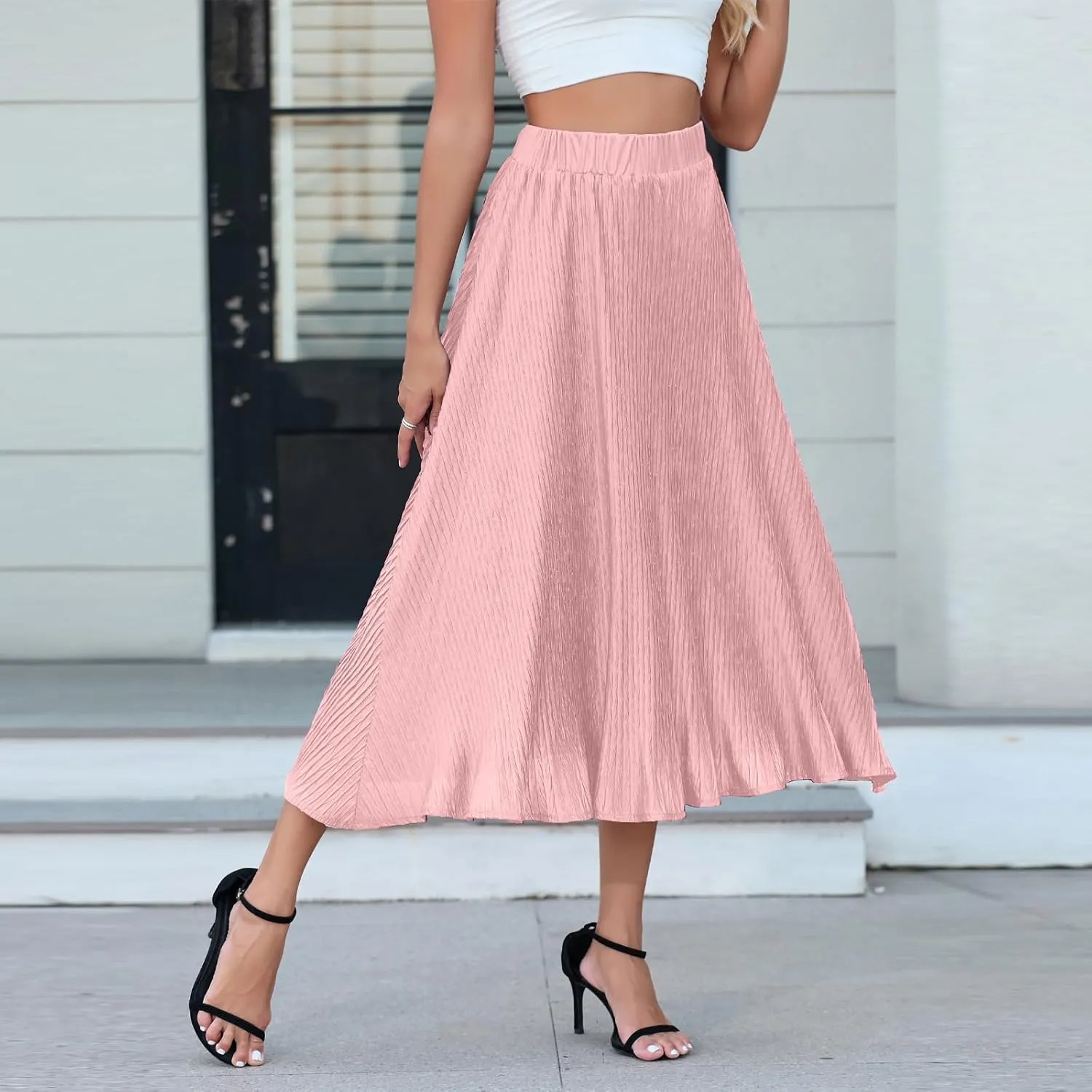 Pleated Skirt for Women Midi High Waisted A-Line Swing Skirt Wrinkle Resistant Lightweight for Casual Elegant Wear