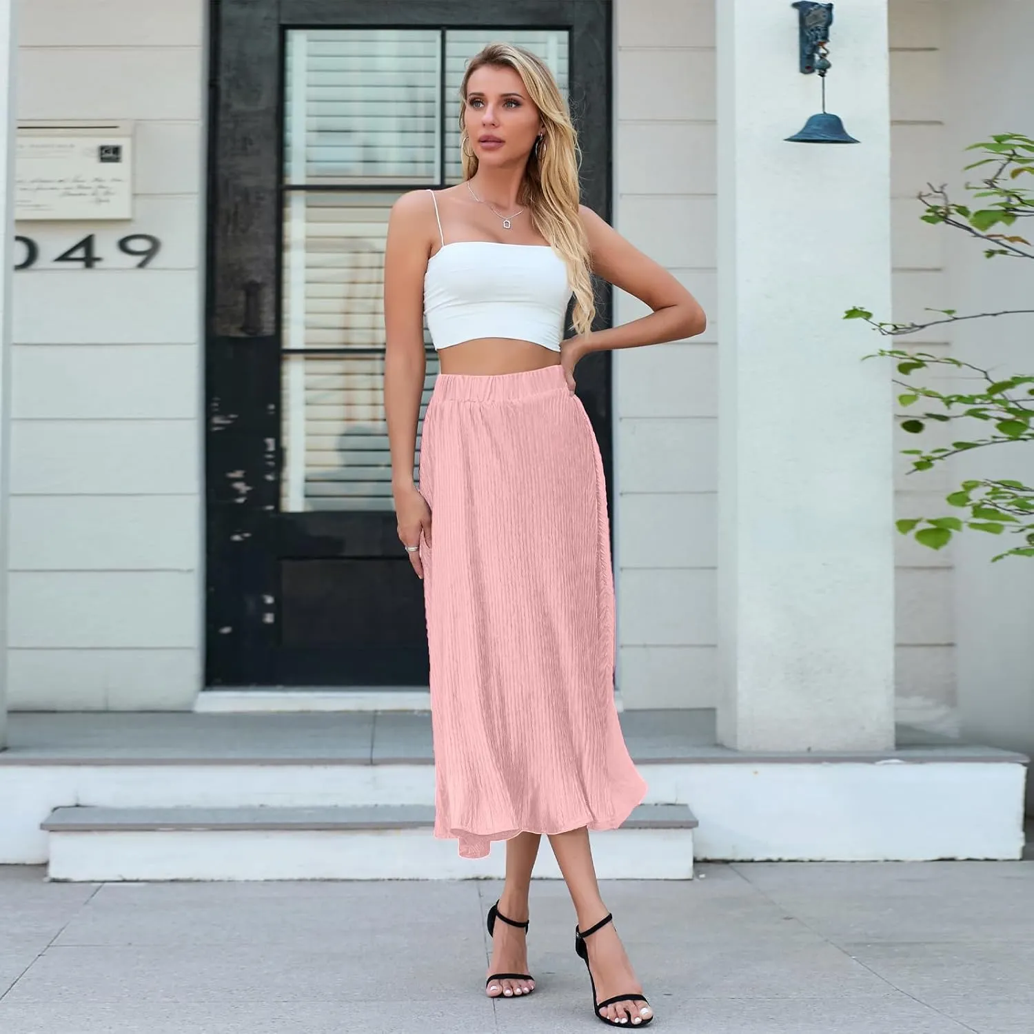 Pleated Skirt for Women Midi High Waisted A-Line Swing Skirt Wrinkle Resistant Lightweight for Casual Elegant Wear