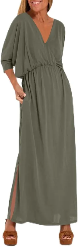Plunge Dresses for Women Elegant V Neck 3/4 Length Sleeve Maxi Dress High Waist Split Wedding Guest Dress
