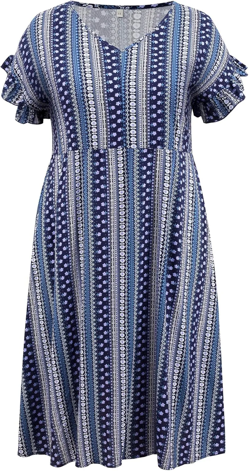 Plus Size Dress for Women Boho Floral Stripe V Neck Ruffle Sleeve Flowy Midi Casual Beach Dresses with Pockets