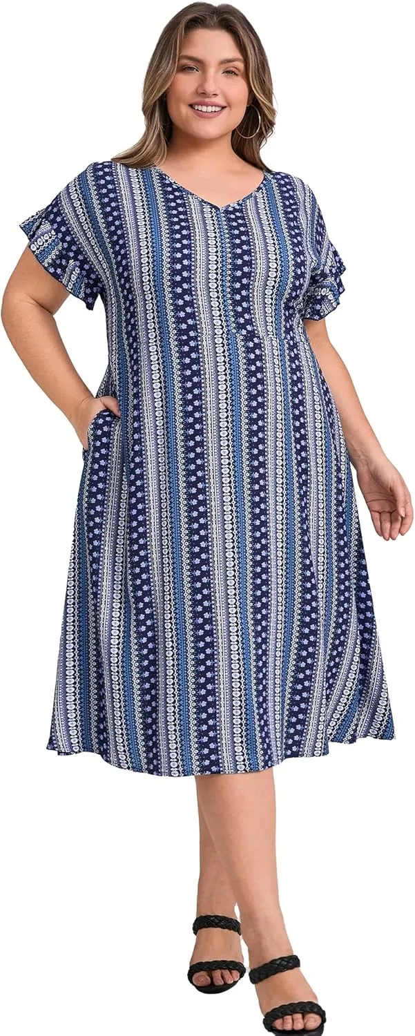 Plus Size Dress for Women Boho Floral Stripe V Neck Ruffle Sleeve Flowy Midi Casual Beach Dresses with Pockets