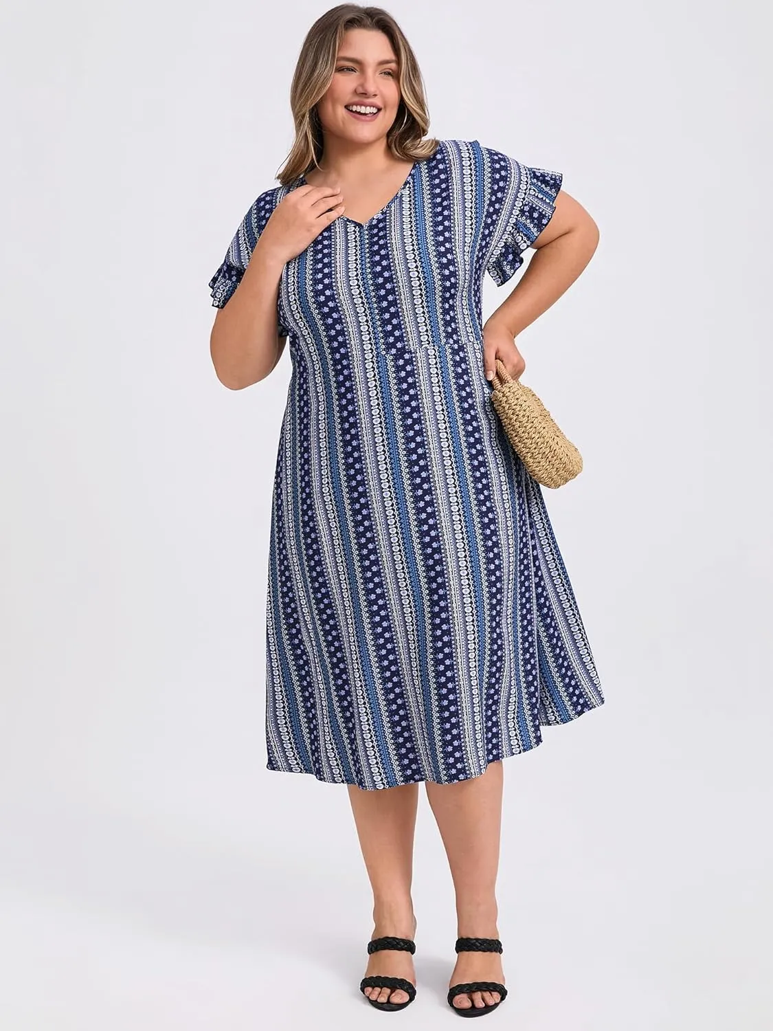 Plus Size Dress for Women Boho Floral Stripe V Neck Ruffle Sleeve Flowy Midi Casual Beach Dresses with Pockets