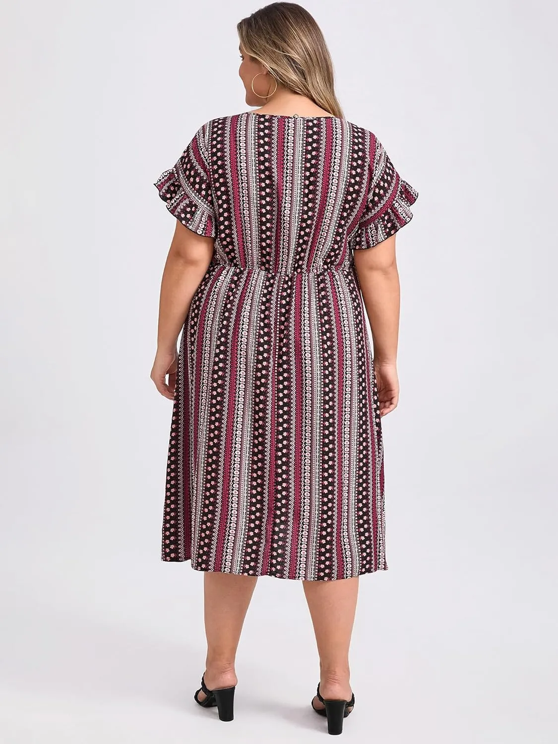Plus Size Dress for Women Boho Floral Stripe V Neck Ruffle Sleeve Flowy Midi Casual Beach Dresses with Pockets