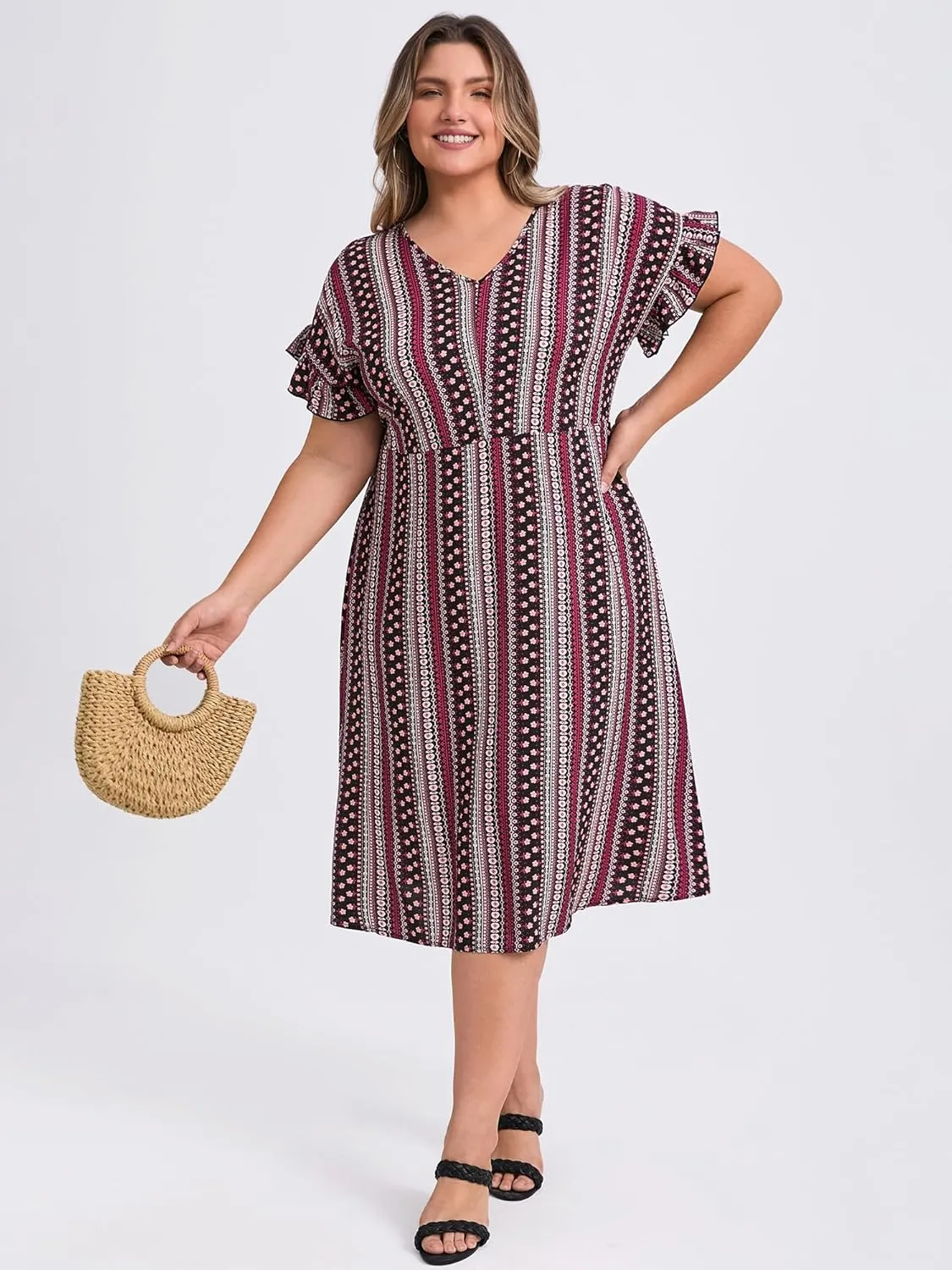Plus Size Dress for Women Boho Floral Stripe V Neck Ruffle Sleeve Flowy Midi Casual Beach Dresses with Pockets