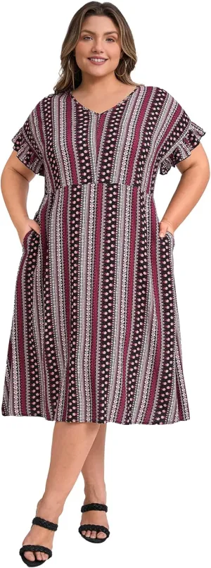 Plus Size Dress for Women Boho Floral Stripe V Neck Ruffle Sleeve Flowy Midi Casual Beach Dresses with Pockets