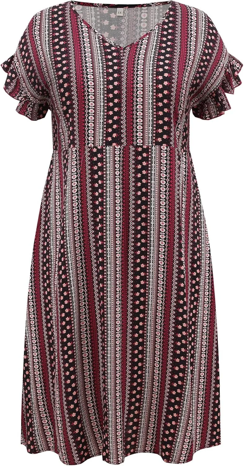 Plus Size Dress for Women Boho Floral Stripe V Neck Ruffle Sleeve Flowy Midi Casual Beach Dresses with Pockets