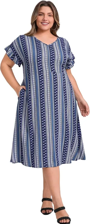 Plus Size Dress for Women Boho Floral Stripe V Neck Ruffle Sleeve Flowy Midi Casual Beach Dresses with Pockets