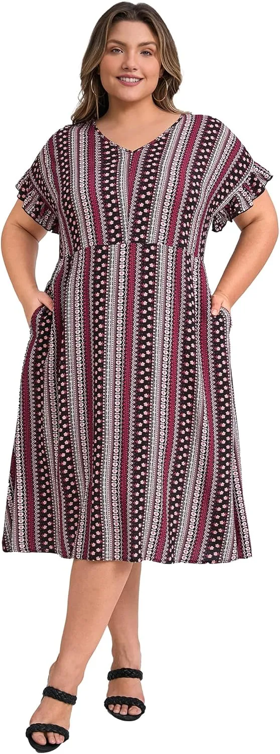 Plus Size Dress for Women Boho Floral Stripe V Neck Ruffle Sleeve Flowy Midi Casual Beach Dresses with Pockets
