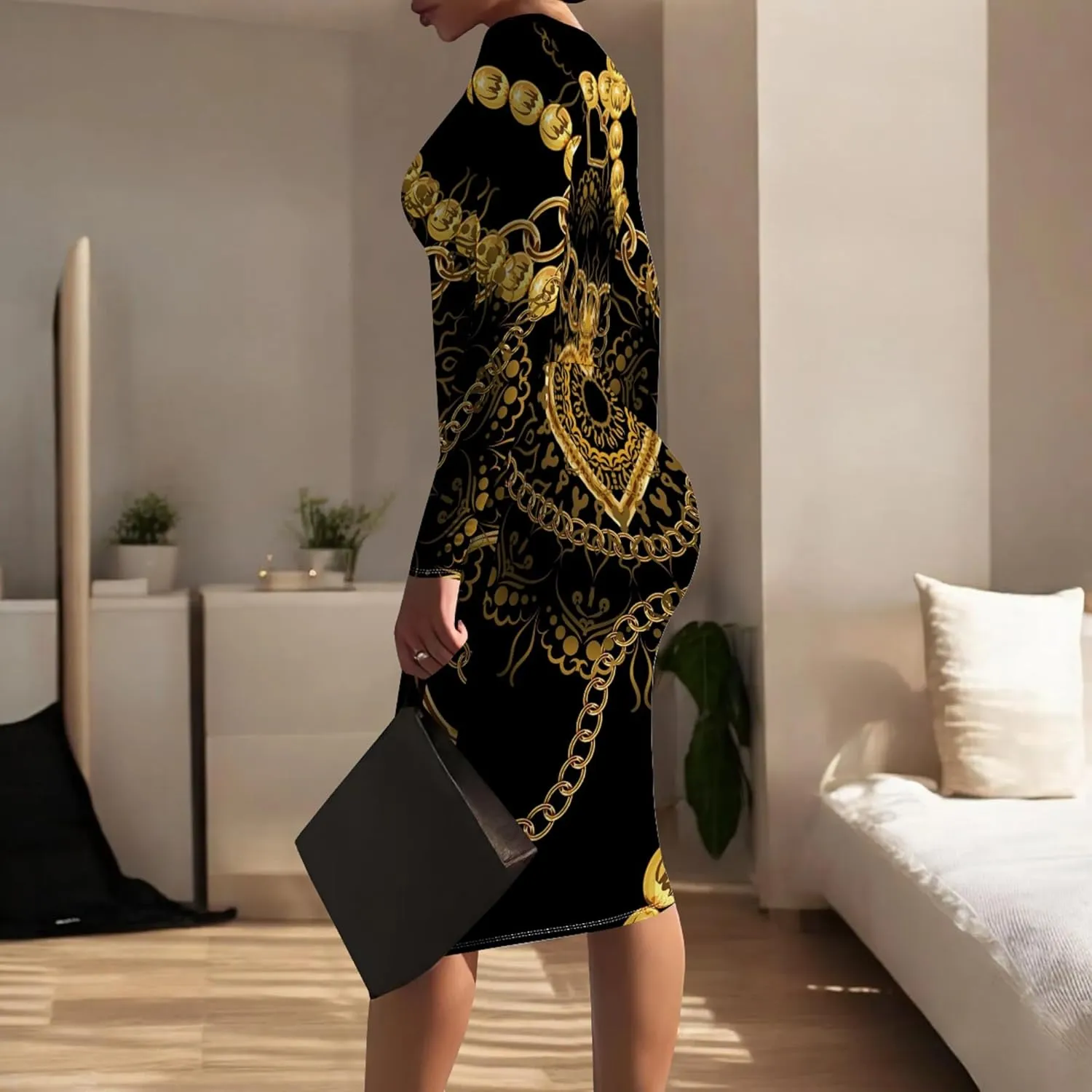 Plus Size Dresses for Curvy Women Long Sleeve Round Neck Casual Trendy Wrap Ruched Pencil Above Knee Club Party Midi Dress