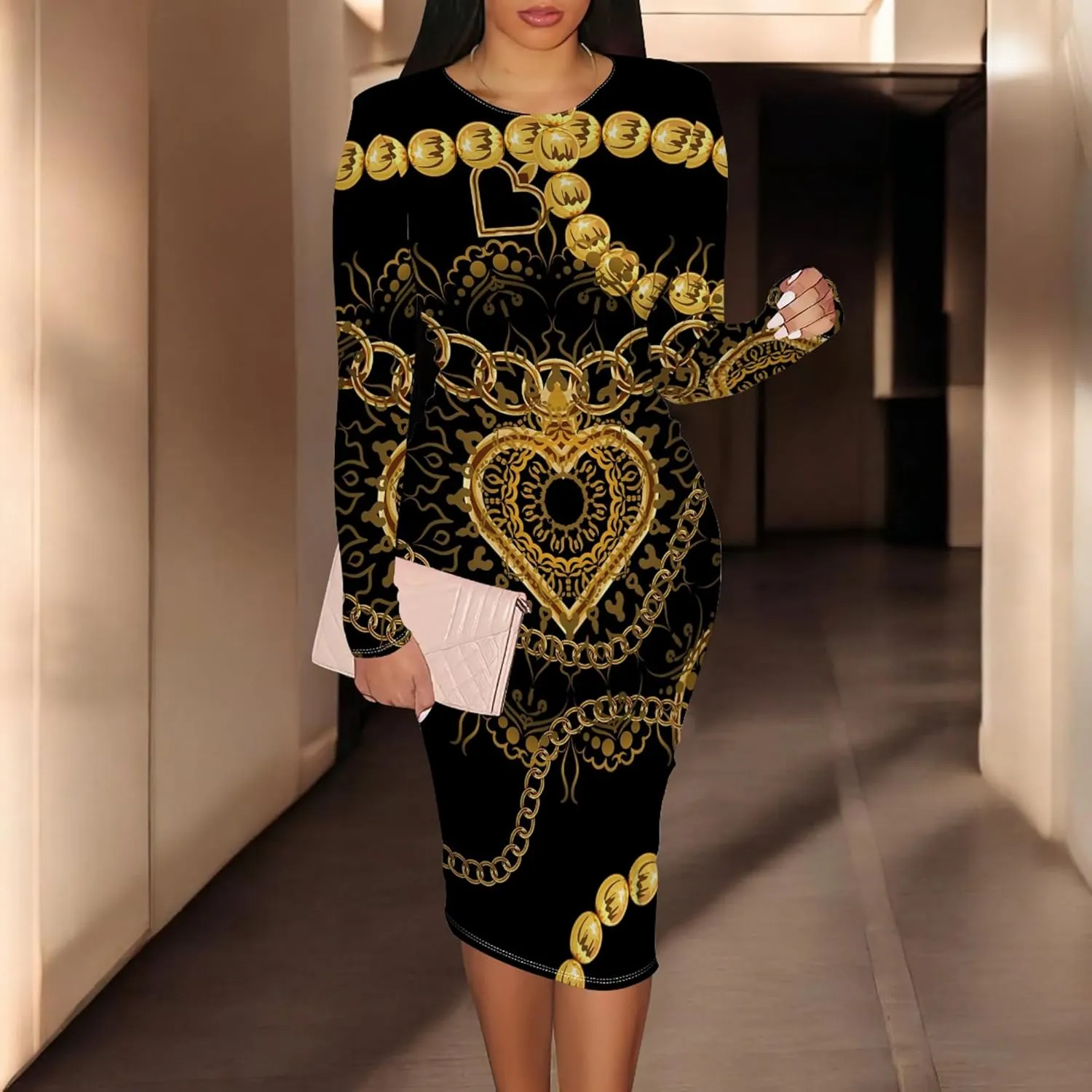 Plus Size Dresses for Curvy Women Long Sleeve Round Neck Casual Trendy Wrap Ruched Pencil Above Knee Club Party Midi Dress