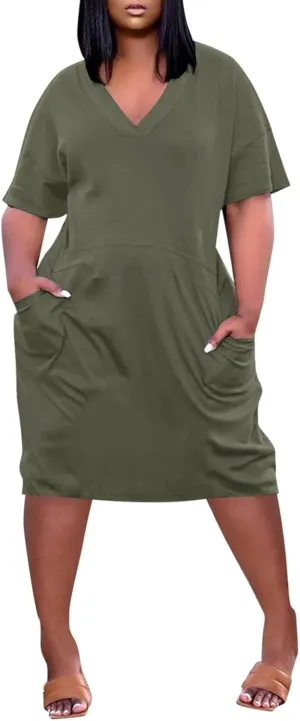 Plus Size Dresses for Curvy Women Short Sleeve V Neck T Shirt Dresses Casual Plain Midi Resort Dress with Pockets