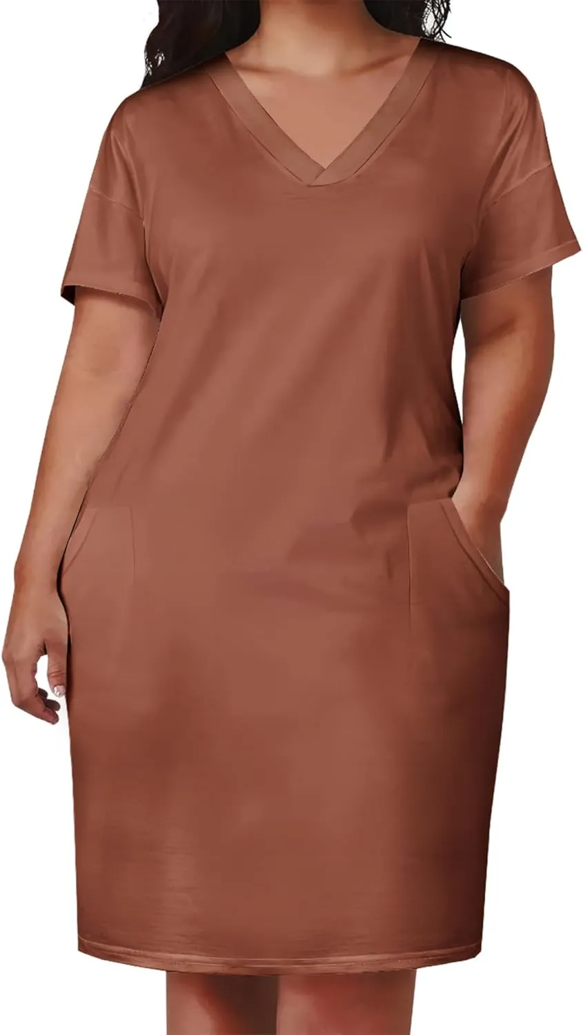 Plus Size Dresses for Curvy Women Summer Casual T shirt Midi Dress Short Sleeve with Pockets Travel Vacation Outfits
