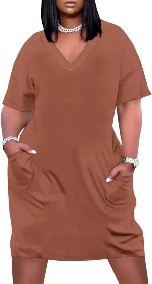 Plus Size Dresses for Curvy Women Summer Casual T shirt Midi Dress Short Sleeve with Pockets Travel Vacation Outfits