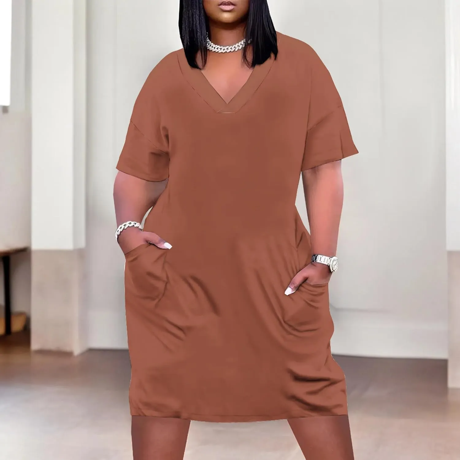Plus Size Dresses for Curvy Women Summer Casual T shirt Midi Dress Short Sleeve with Pockets Travel Vacation Outfits