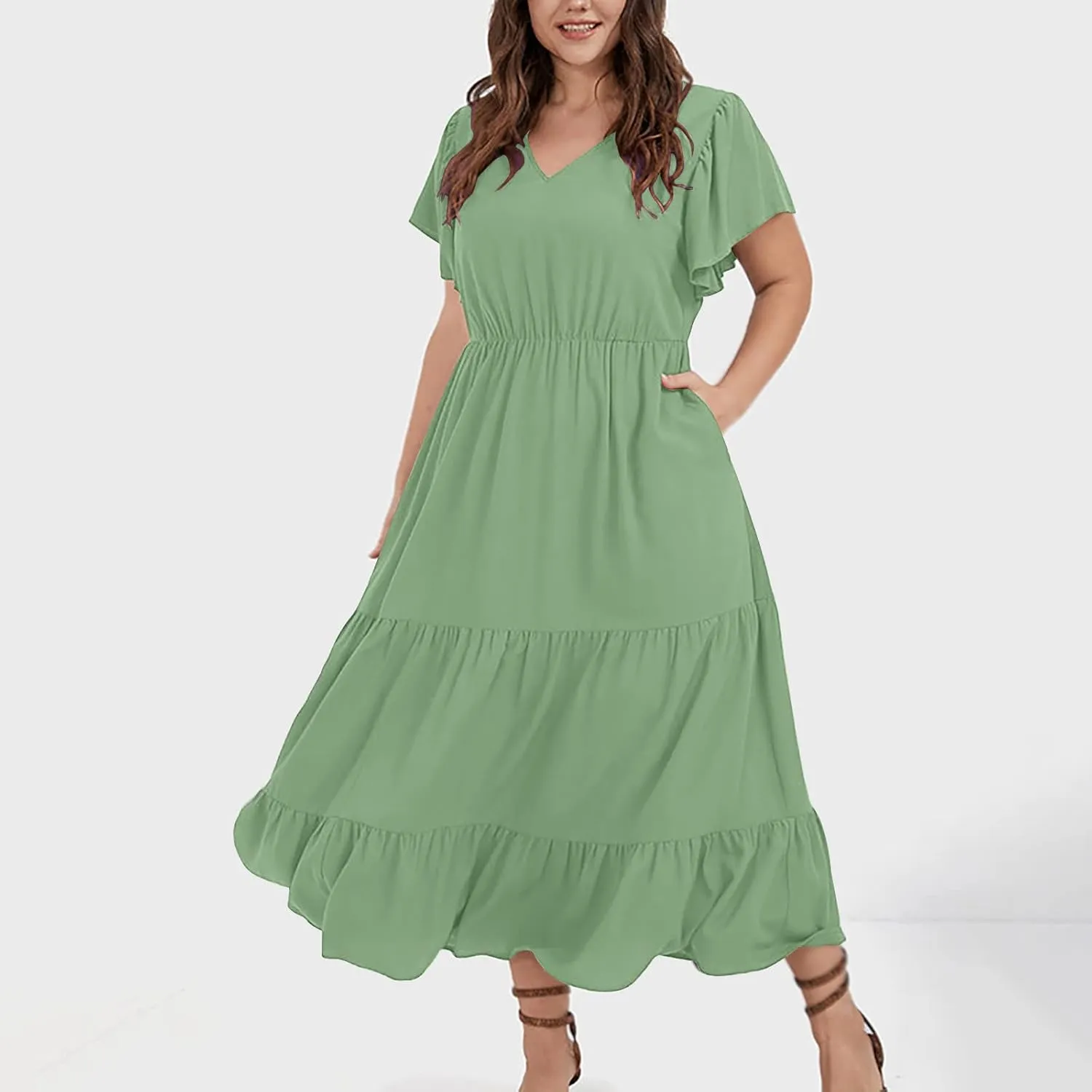 Plus Size Dresses for Women 2025 Summer Ruffle Sleeve V Neck Midi Dress Fashion Tiered Casual Fit Flowy Sundress