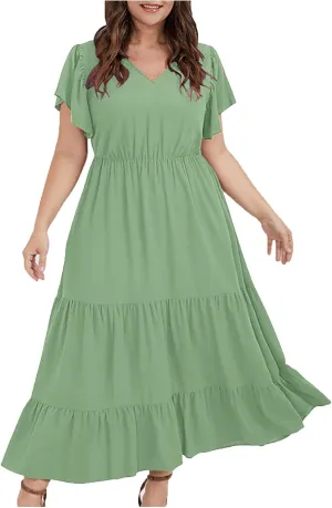 Plus Size Dresses for Women 2025 Summer Ruffle Sleeve V Neck Midi Dress Fashion Tiered Casual Fit Flowy Sundress