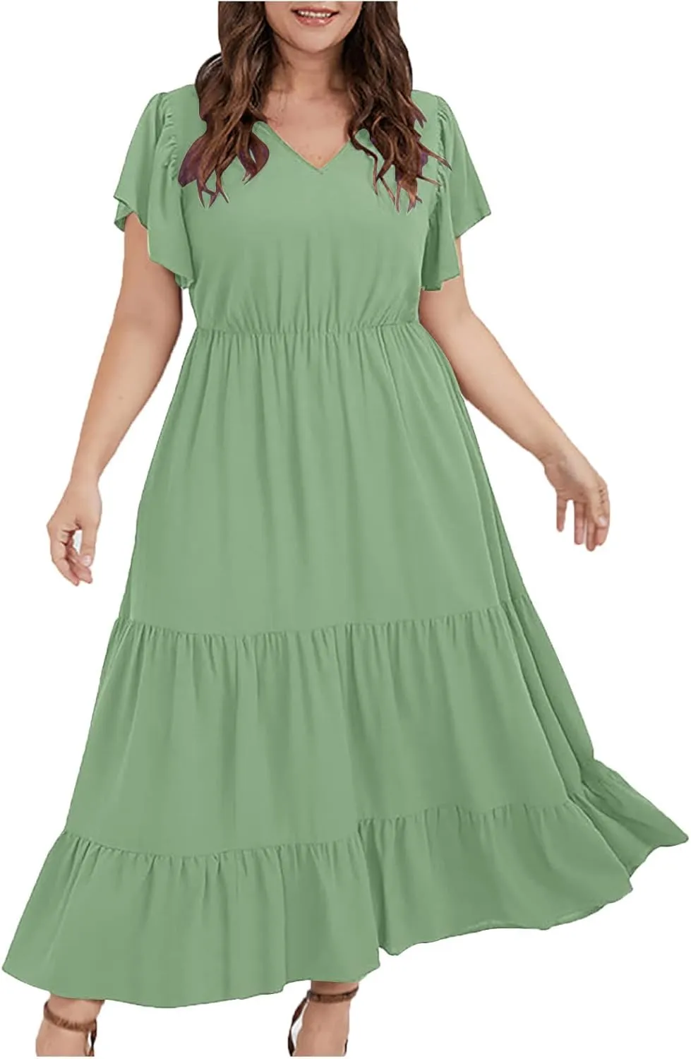 Plus Size Dresses for Women 2025 Summer Ruffle Sleeve V Neck Midi Dress Fashion Tiered Casual Fit Flowy Sundress