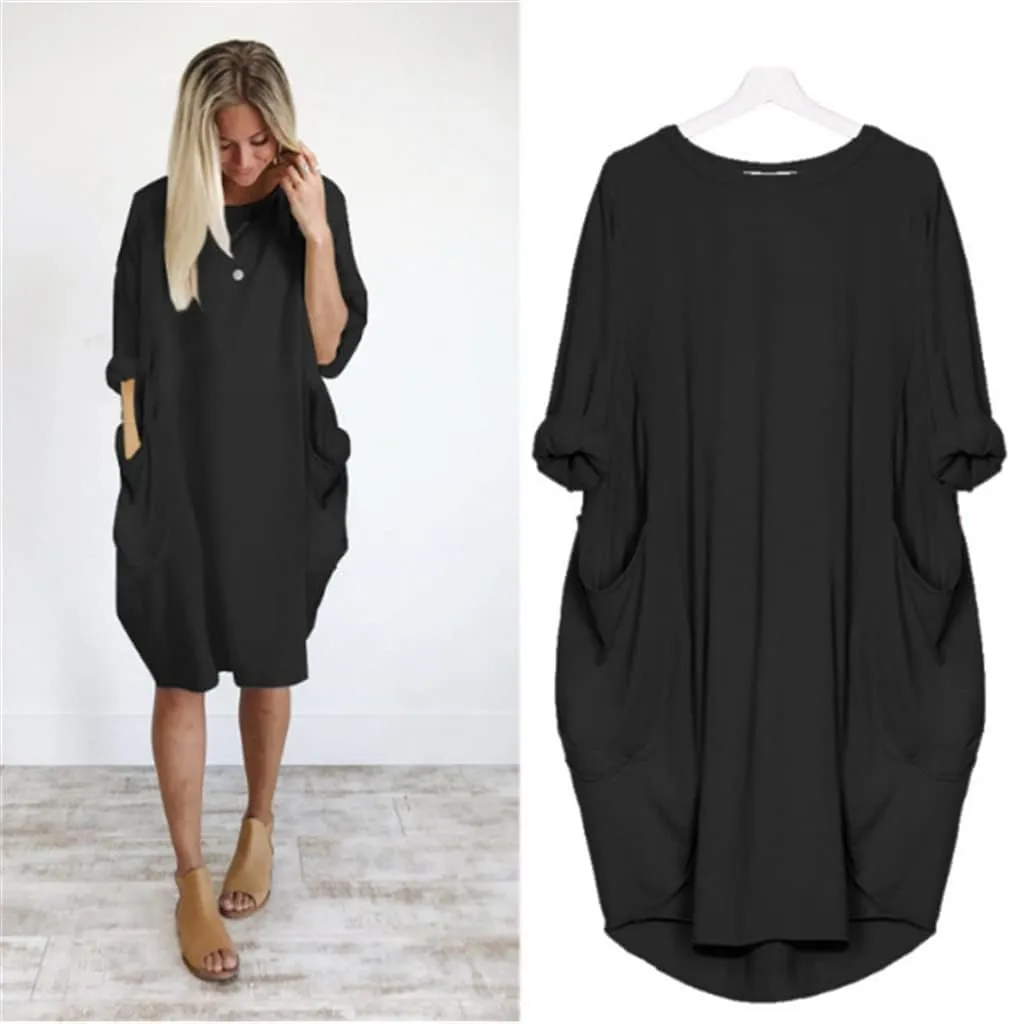 Plus Size Dresses for Women Summer Loose Crew Neck Long Sleeve Midi Dress Basic Solid Color Top Dress with Pockets