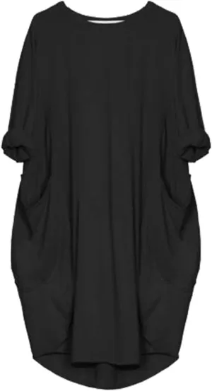 Plus Size Dresses for Women Summer Loose Crew Neck Long Sleeve Midi Dress Basic Solid Color Top Dress with Pockets
