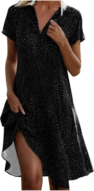 Polka Dot Dress for Women Boho Flowy Wrinkless Casual Dresses Vacation Tunic Ruffle Knee Length Sundresses Summer 2025