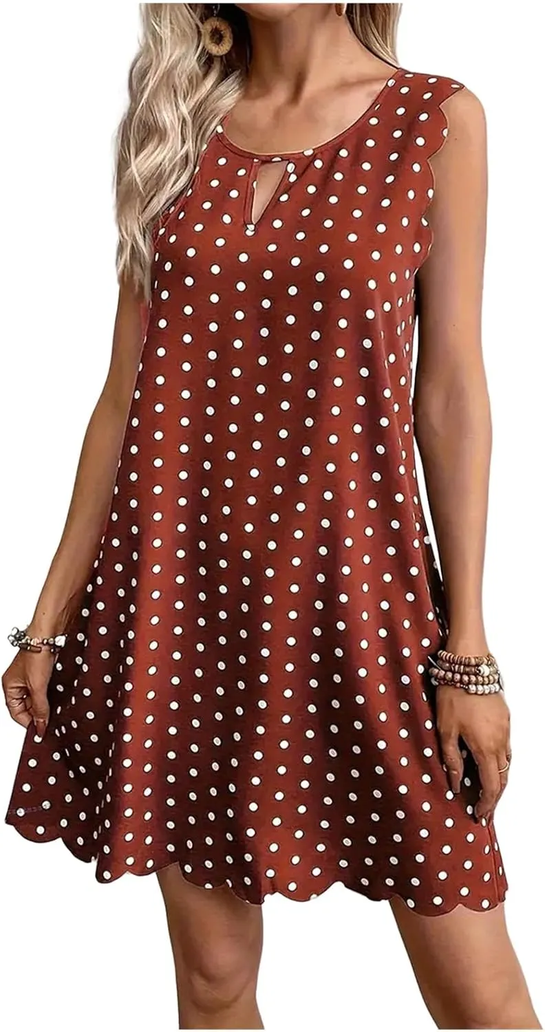 Polka Dot Sleeveless Summer Dresses Crewneck Swing A Line Midi Dress Bohemian Casual Beach Party Sundress