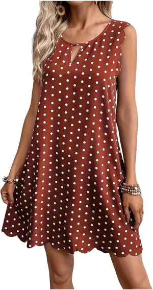 Polka Dot Sleeveless Summer Dresses Crewneck Swing A Line Midi Dress Bohemian Casual Beach Party Sundress