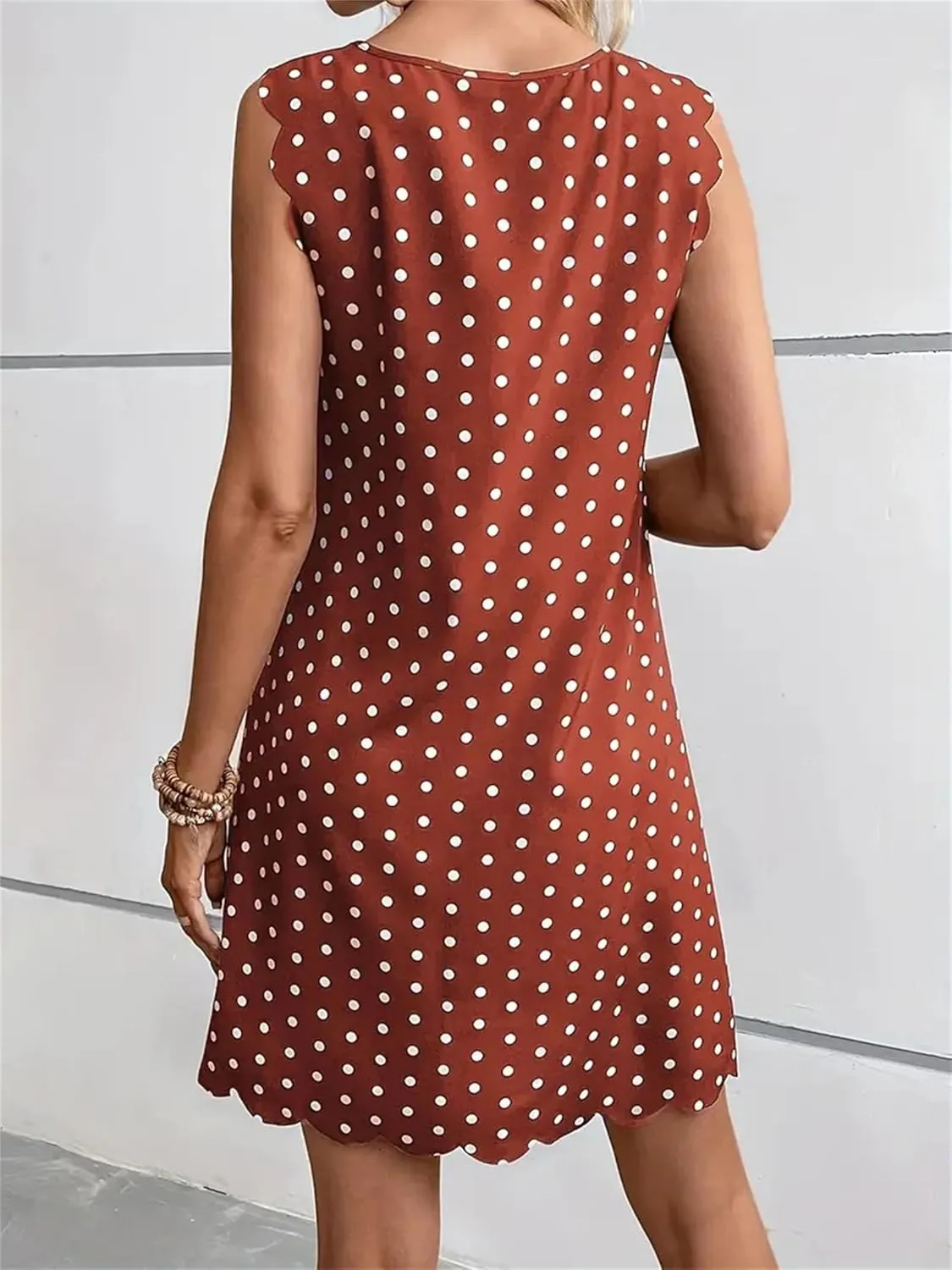 Polka Dot Sleeveless Summer Dresses Crewneck Swing A Line Midi Dress Bohemian Casual Beach Party Sundress