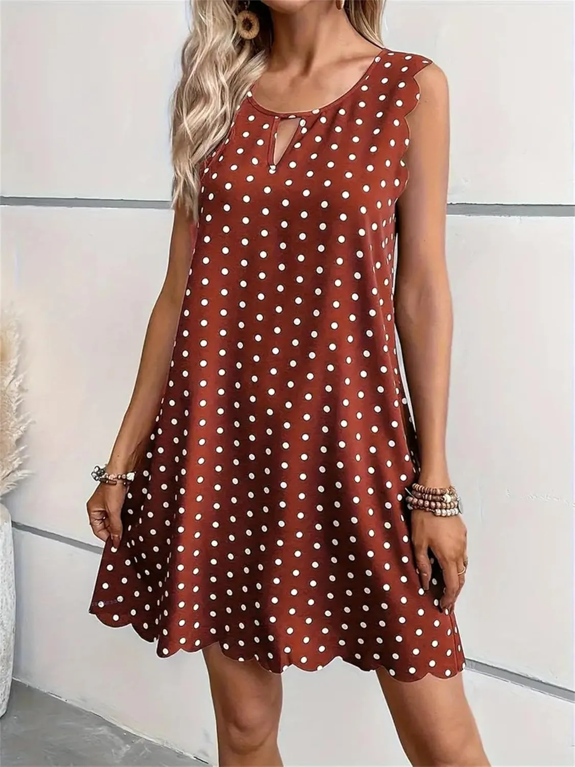 Polka Dot Sleeveless Summer Dresses Crewneck Swing A Line Midi Dress Bohemian Casual Beach Party Sundress