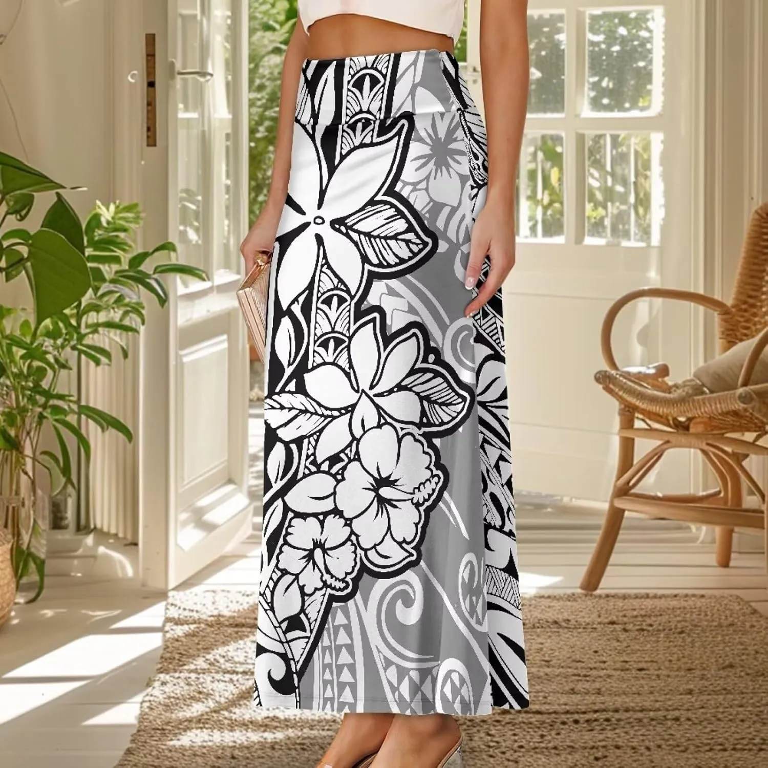 Polynesian Tapa Puletasi Samoan Long Maxi Skirts for Women Vintage High Waisted A-Link Long Maxi Skirt