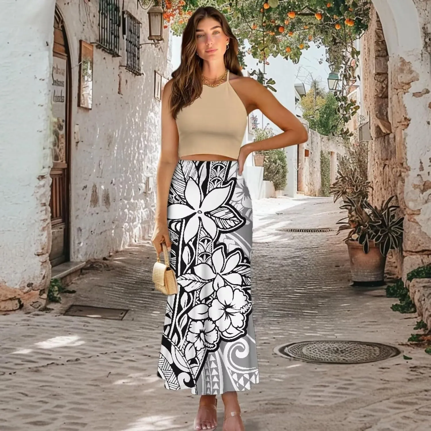 Polynesian Tapa Puletasi Samoan Long Maxi Skirts for Women Vintage High Waisted A-Link Long Maxi Skirt