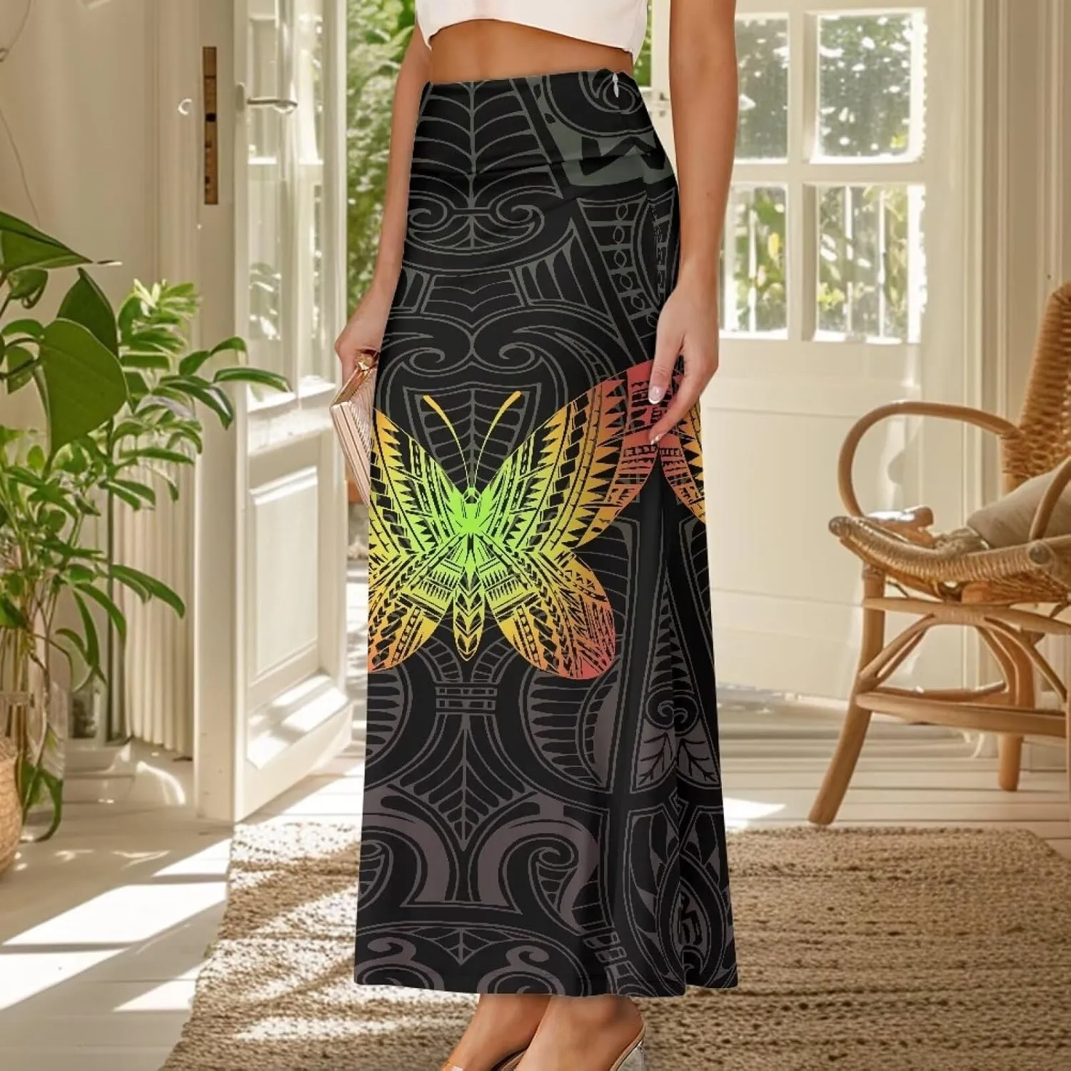 Polynesian Tribal Tatau Pattern Women Summer High Waisted Long Skirts Party Long Flare Maxi Zipper Elegant Skirt