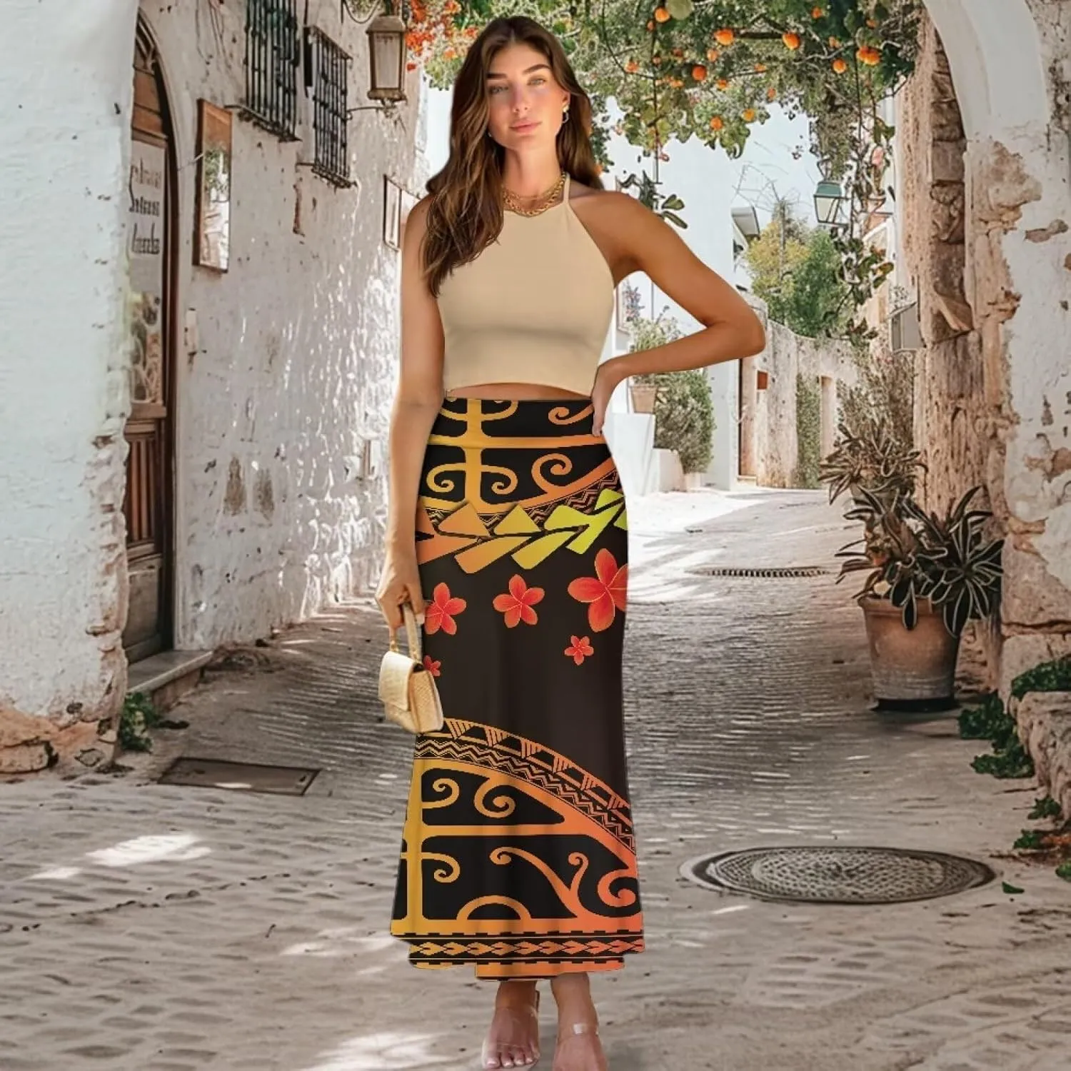 Polynesian Tribal Tatau Pattern Women Summer High Waisted Long Skirts Party Long Flare Maxi Zipper Elegant Skirt