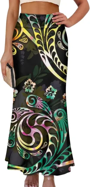 Polynesian Tribal Tatau Pattern Women Summer High Waisted Long Skirts Party Long Flare Maxi Zipper Elegant Skirt