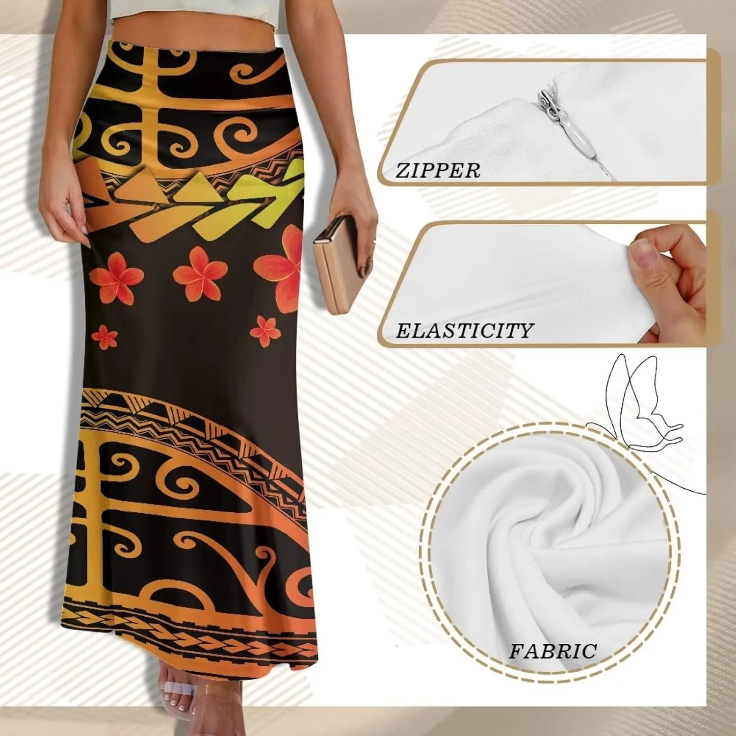 Polynesian Tribal Tatau Pattern Women Summer High Waisted Long Skirts Party Long Flare Maxi Zipper Elegant Skirt
