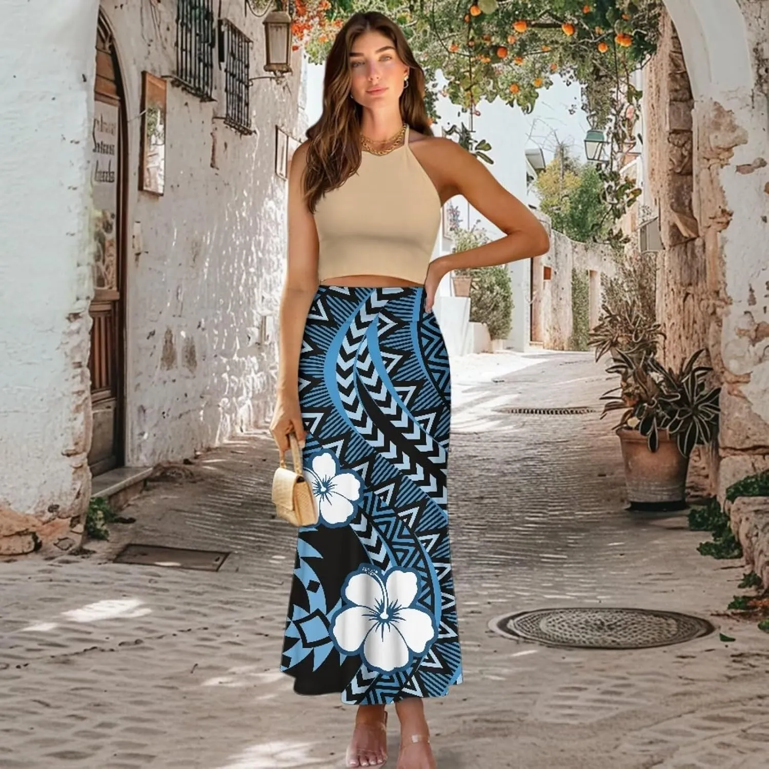 Polynesian Tribal Tatau Pattern Women Summer High Waisted Long Skirts Party Long Flare Maxi Zipper Elegant Skirt