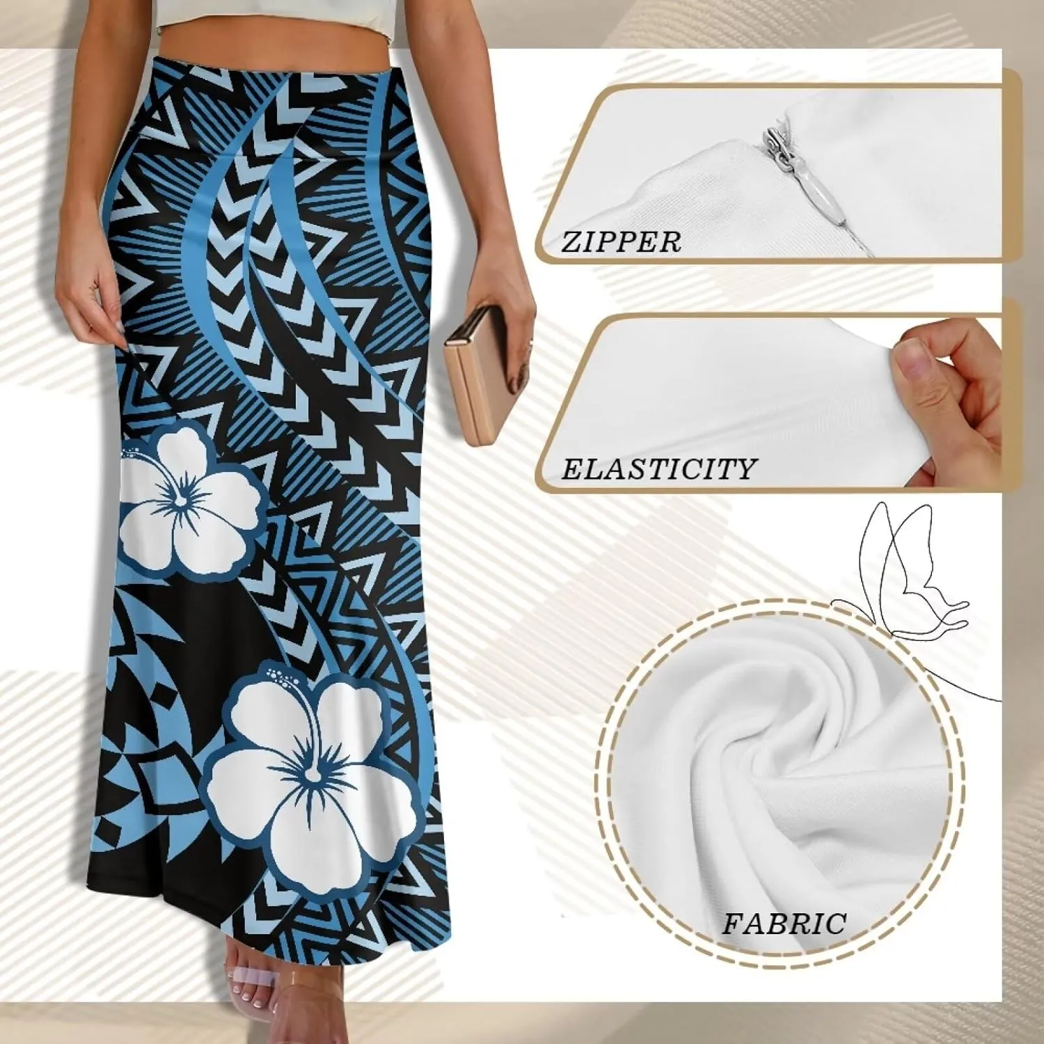 Polynesian Tribal Tatau Pattern Women Summer High Waisted Long Skirts Party Long Flare Maxi Zipper Elegant Skirt