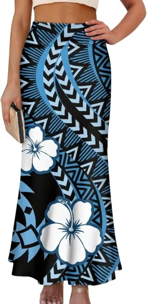 Polynesian Tribal Tatau Pattern Women Summer High Waisted Long Skirts Party Long Flare Maxi Zipper Elegant Skirt
