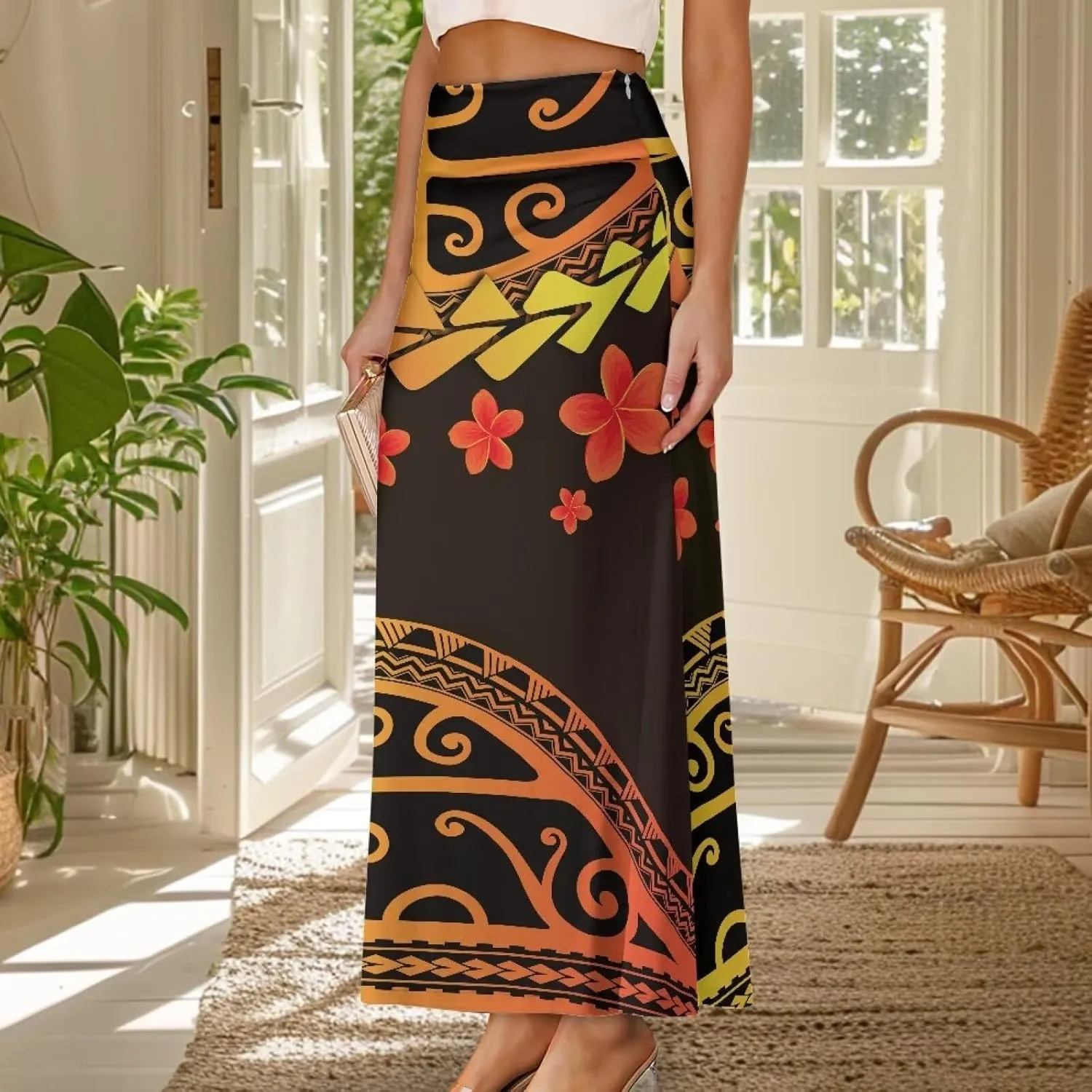 Polynesian Tribal Tatau Pattern Women Summer High Waisted Long Skirts Party Long Flare Maxi Zipper Elegant Skirt