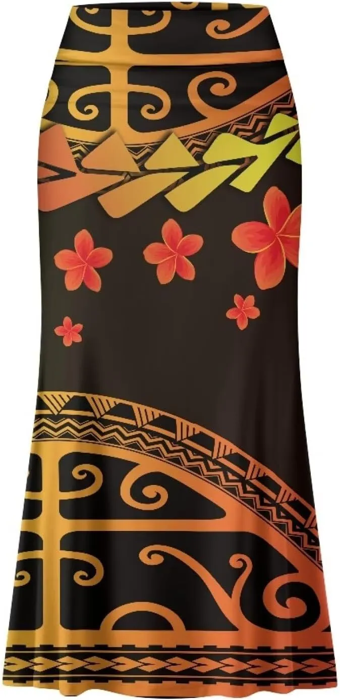 Polynesian Tribal Tatau Pattern Women Summer High Waisted Long Skirts Party Long Flare Maxi Zipper Elegant Skirt
