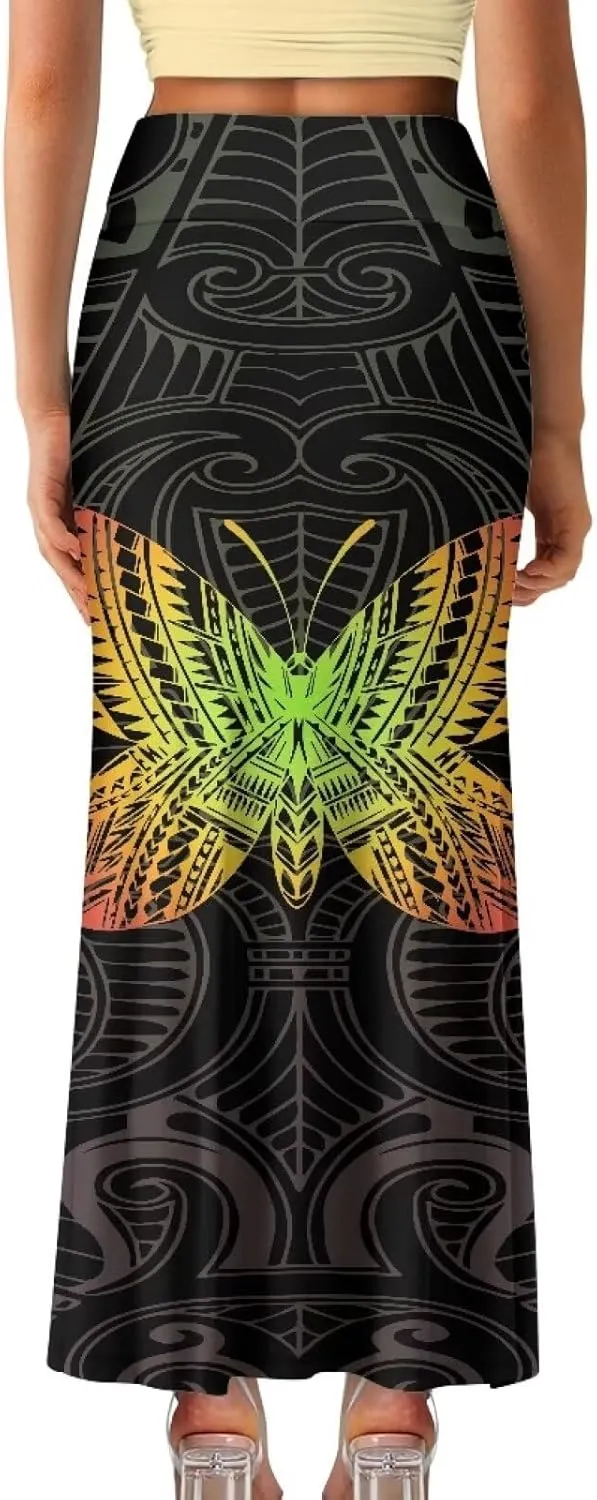 Polynesian Tribal Tatau Pattern Women Summer High Waisted Long Skirts Party Long Flare Maxi Zipper Elegant Skirt