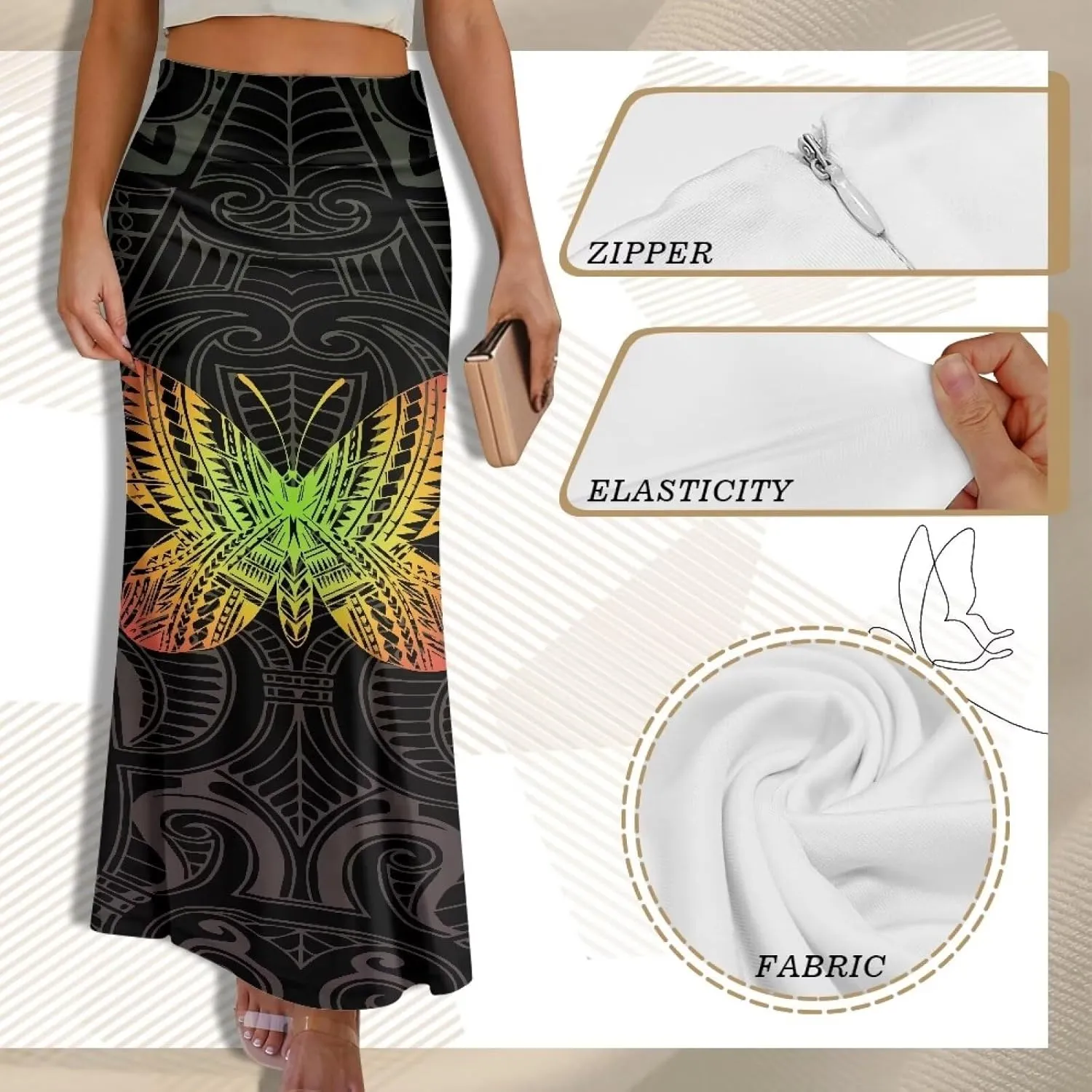 Polynesian Tribal Tatau Pattern Women Summer High Waisted Long Skirts Party Long Flare Maxi Zipper Elegant Skirt