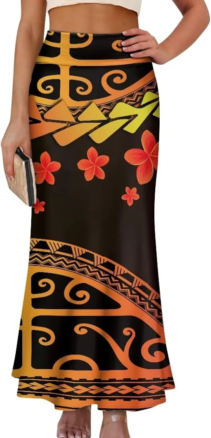 Polynesian Tribal Tatau Pattern Women Summer High Waisted Long Skirts Party Long Flare Maxi Zipper Elegant Skirt