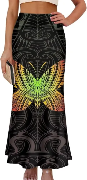 Polynesian Tribal Tatau Pattern Women Summer High Waisted Long Skirts Party Long Flare Maxi Zipper Elegant Skirt