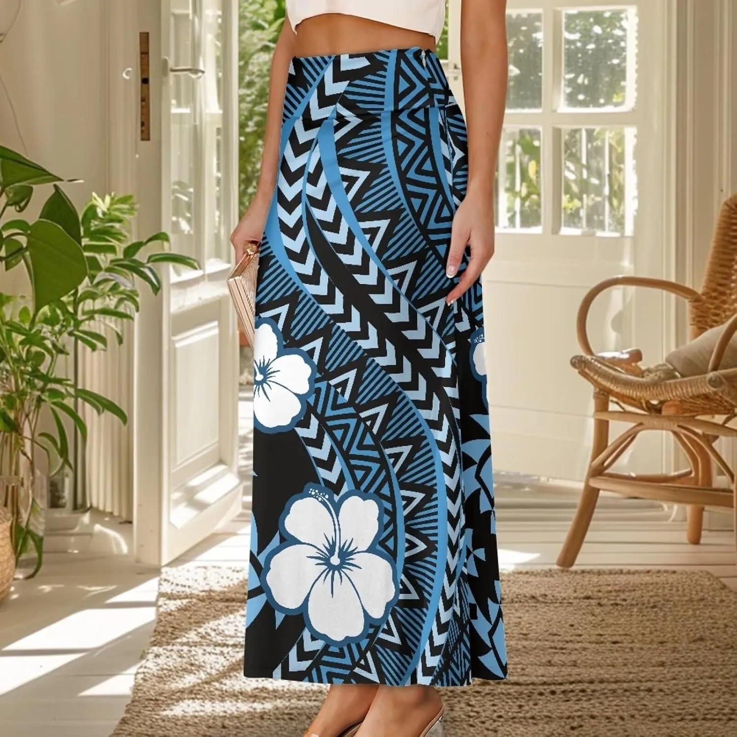 Polynesian Tribal Tatau Pattern Women Summer High Waisted Long Skirts Party Long Flare Maxi Zipper Elegant Skirt