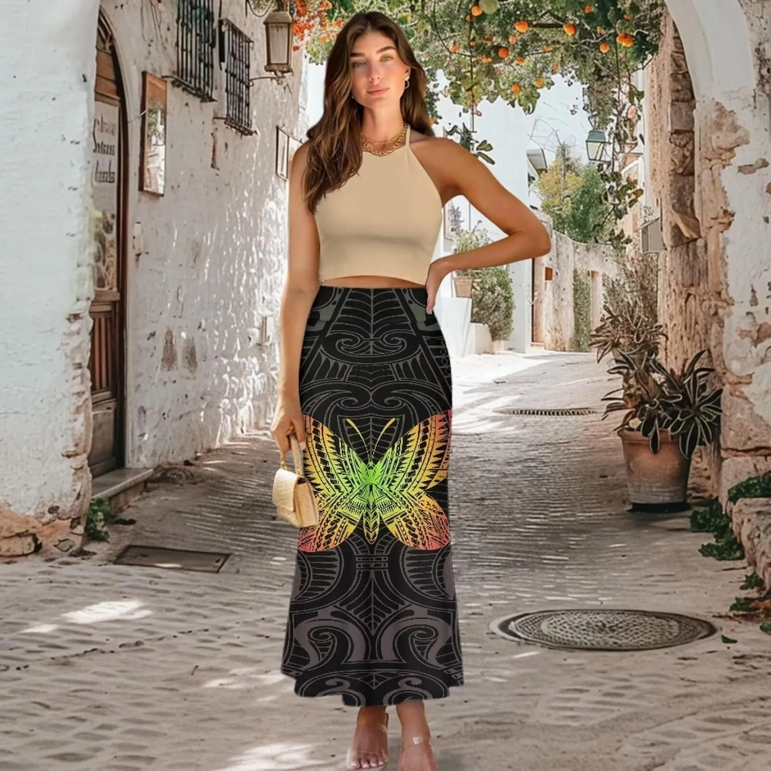 Polynesian Tribal Tatau Pattern Women Summer High Waisted Long Skirts Party Long Flare Maxi Zipper Elegant Skirt