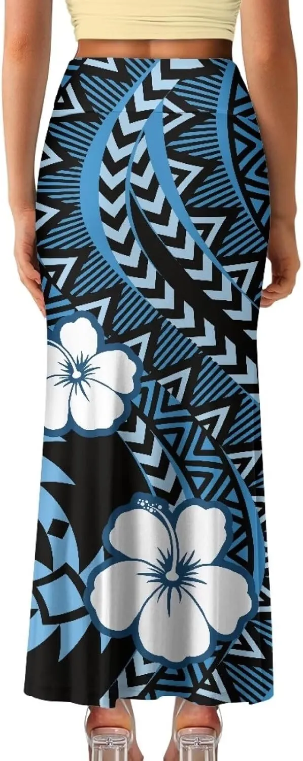 Polynesian Tribal Tatau Pattern Women Summer High Waisted Long Skirts Party Long Flare Maxi Zipper Elegant Skirt