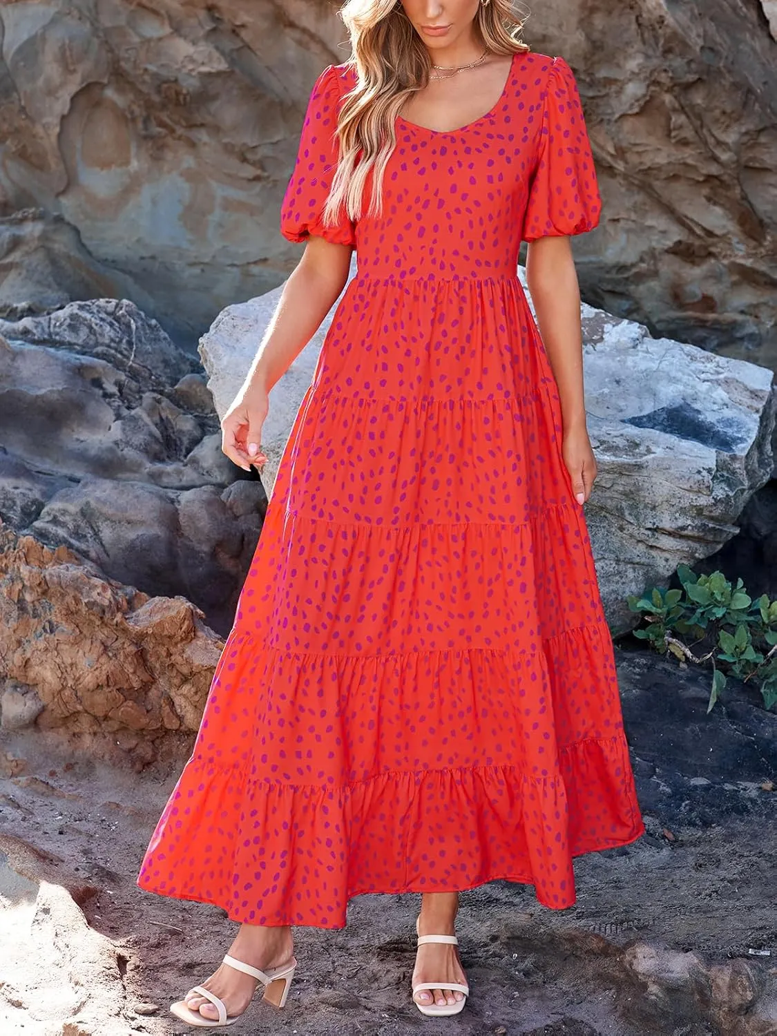 PRETTYGARDEN Womens Dresses 2025 Puff Sleeve Floral Casual Summer Dress Smocked Back Beach Flowy Tiered Maxi Sundress